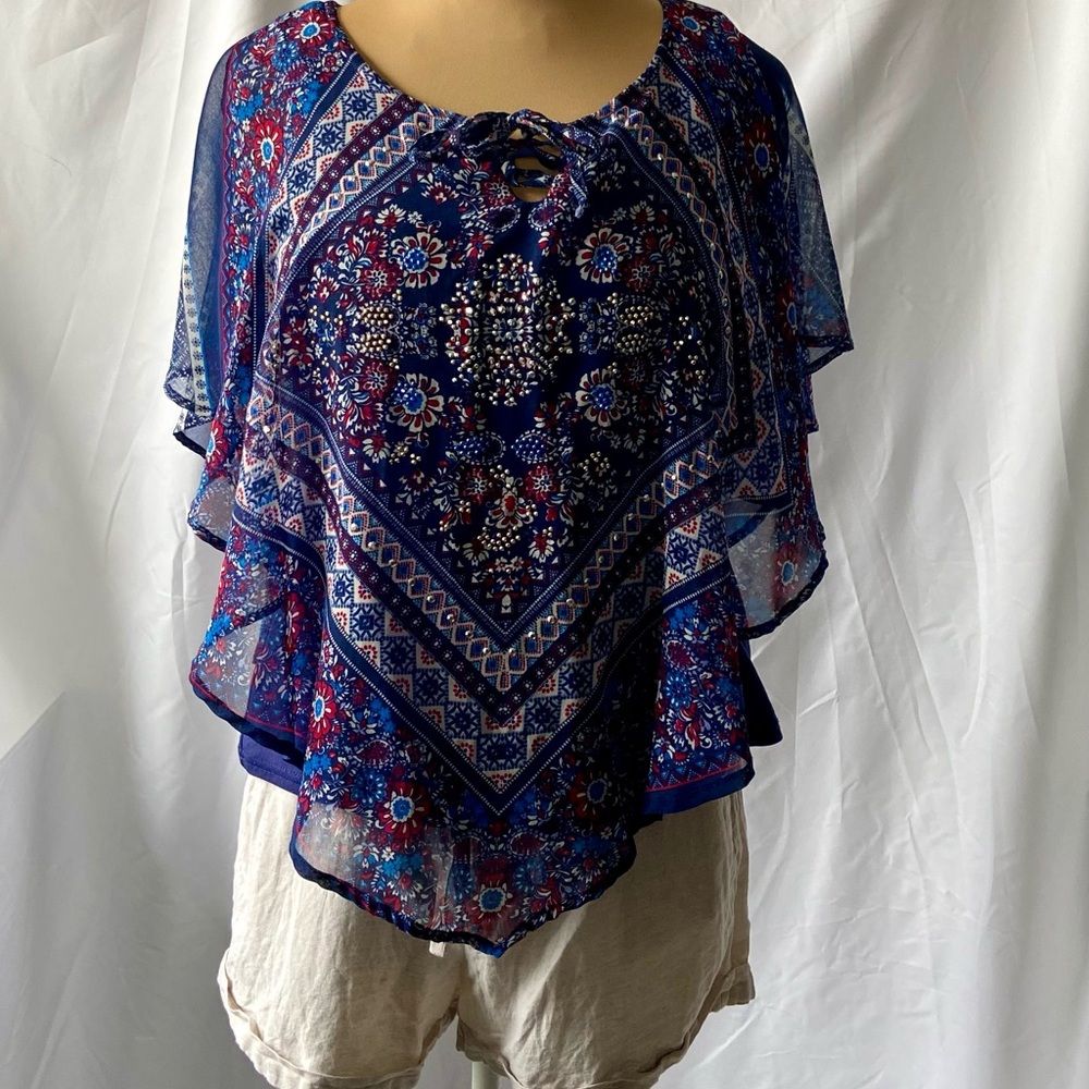 Westport  Floral Print Tie Front Poncho Top Size M